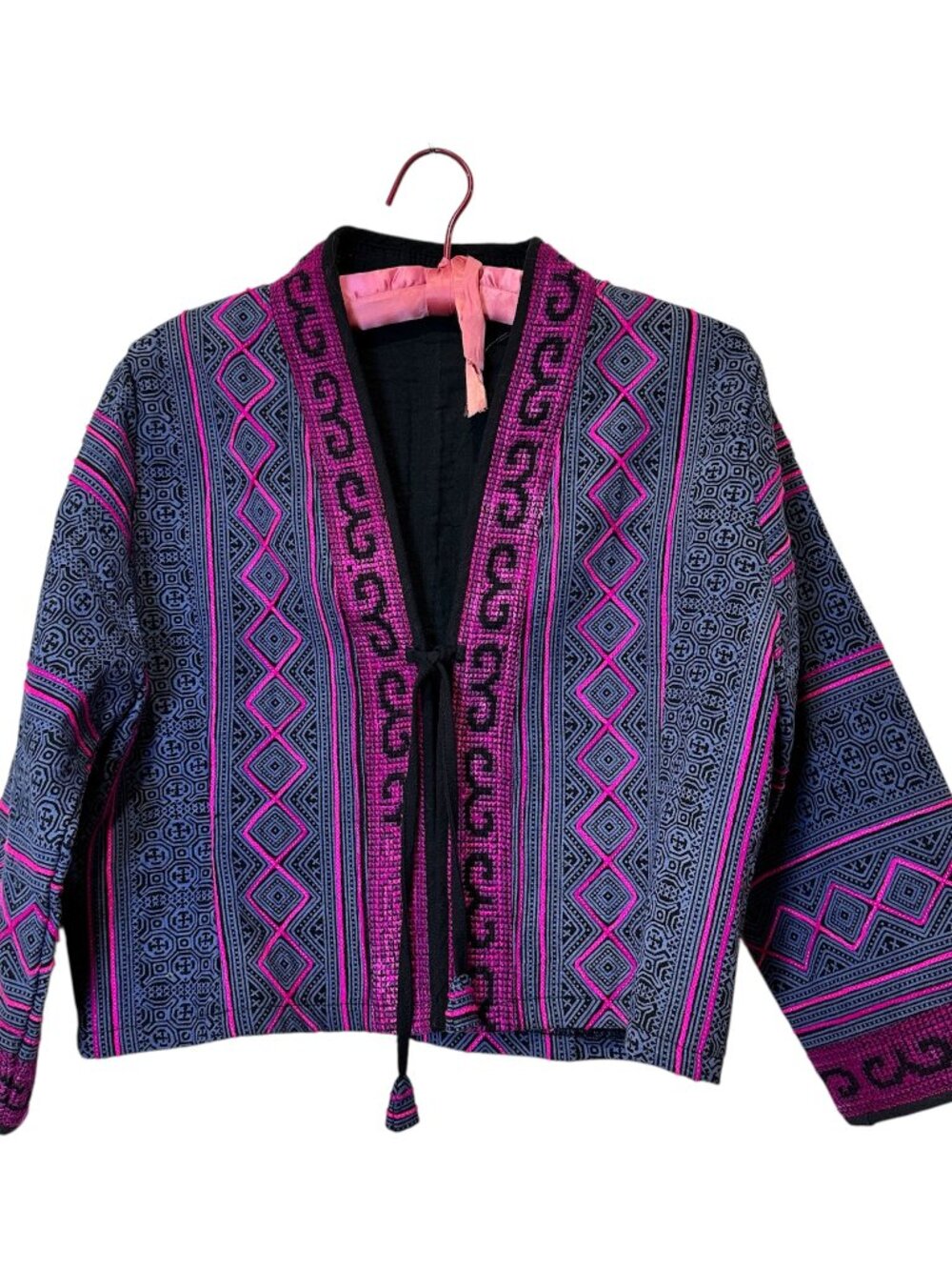 Women's Hmong Handmade Ebroidered & Lined Cardigan Bolero Type Jacket Pink Blue